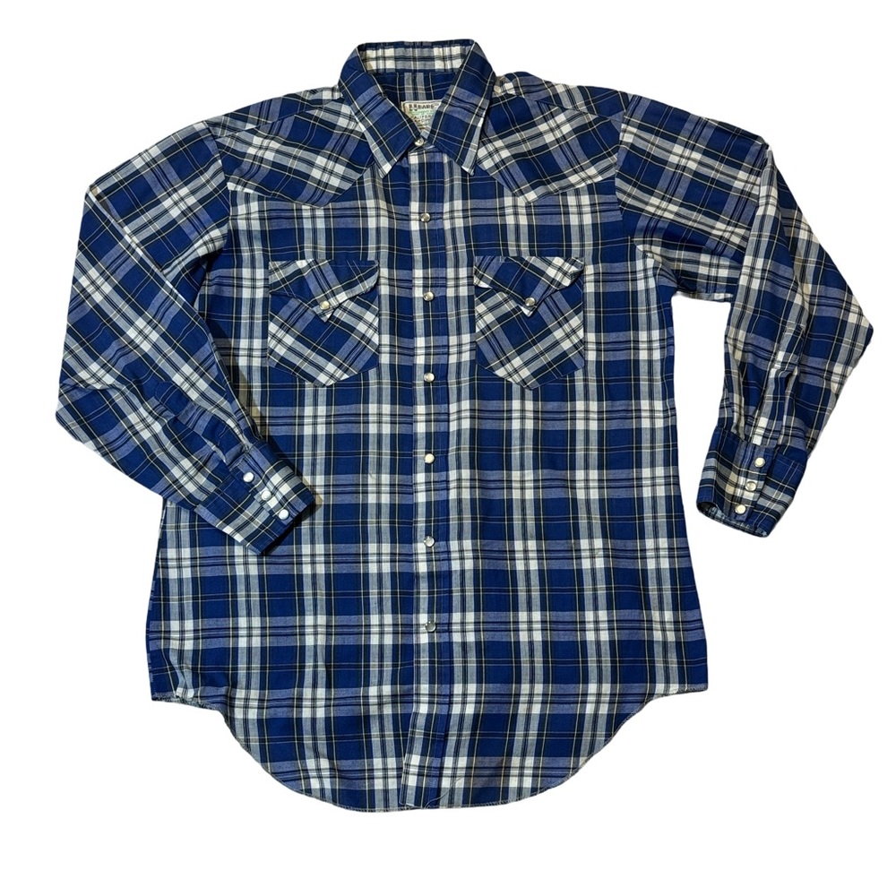 H Bar C mens 16.5 33 blue plaid pearl snap vintage cowboy western shirt EUC
